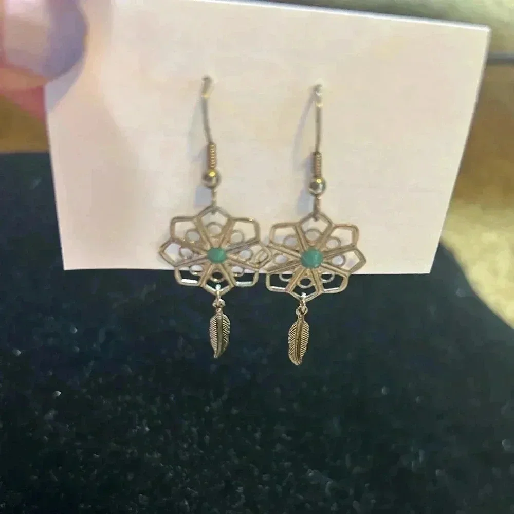 Dangling‎ silver earrings with feather